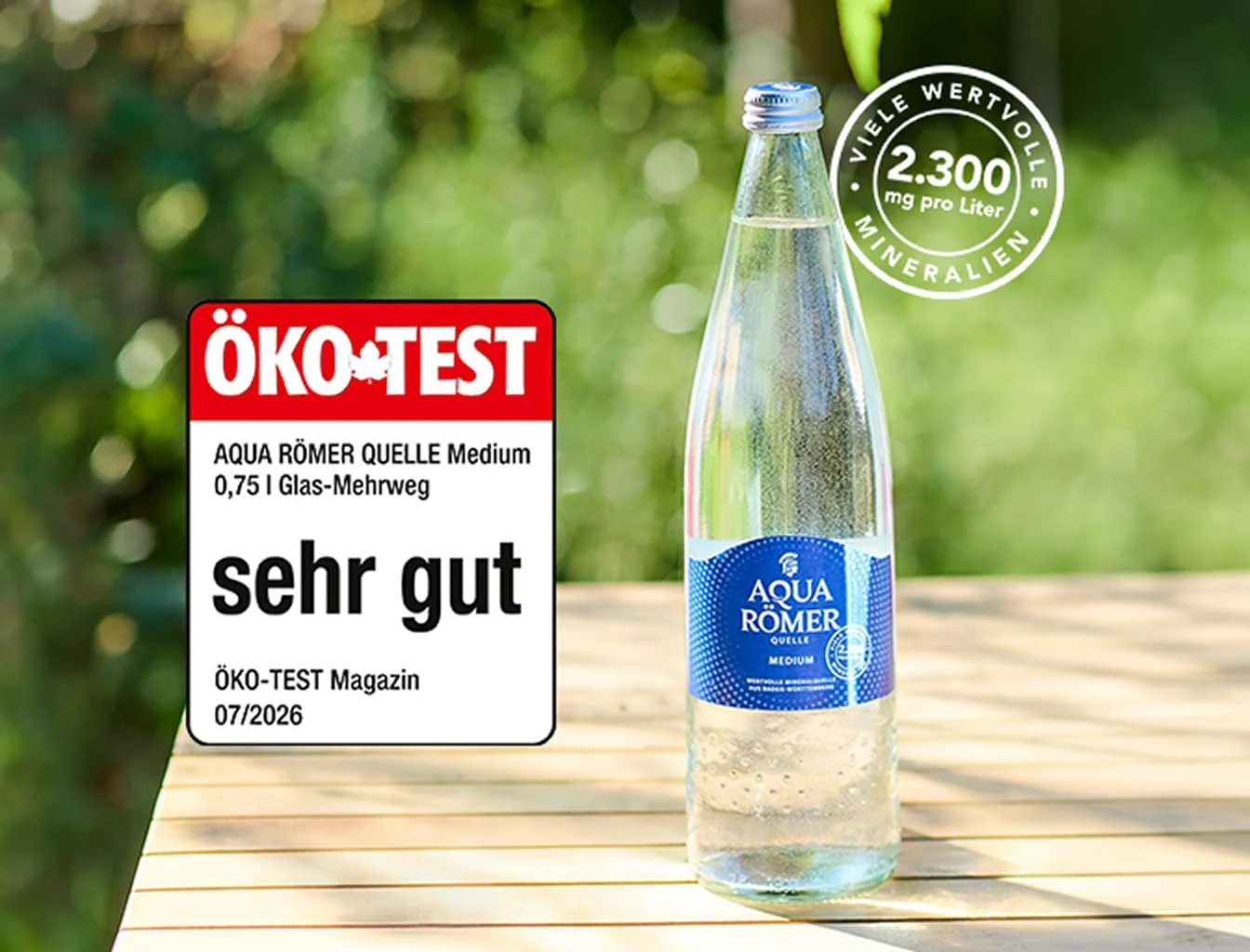 ÖKO-TEST: Aqua Römer Quelle Medium, 0,75 Liter Glas-Mehrweg, sehr gut, Magazin 07/2026.