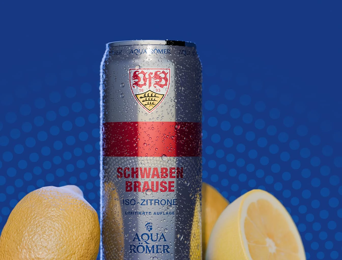 Schwabenbrause ISO-Zitrone in der limitierten VfB-Dose mit Zitronen.